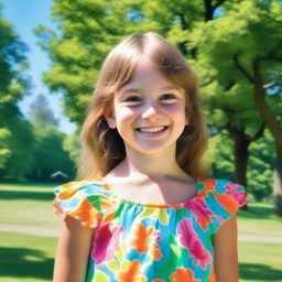 A detailed image of a young girl standing in a park