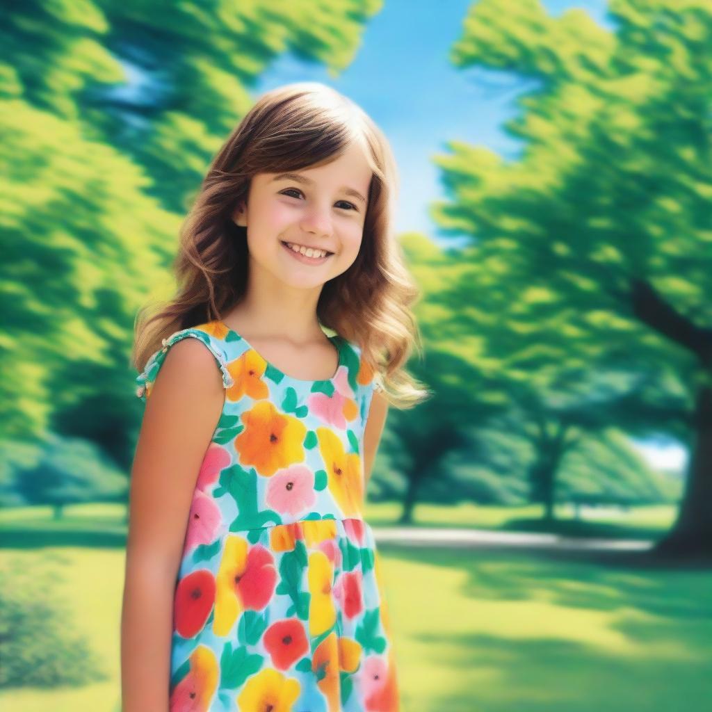 A detailed image of a young girl standing in a park