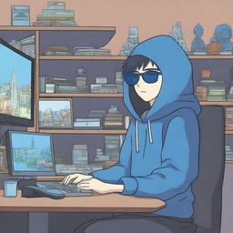 An anime-style male character in a blue hoodie and cool black sunglasses