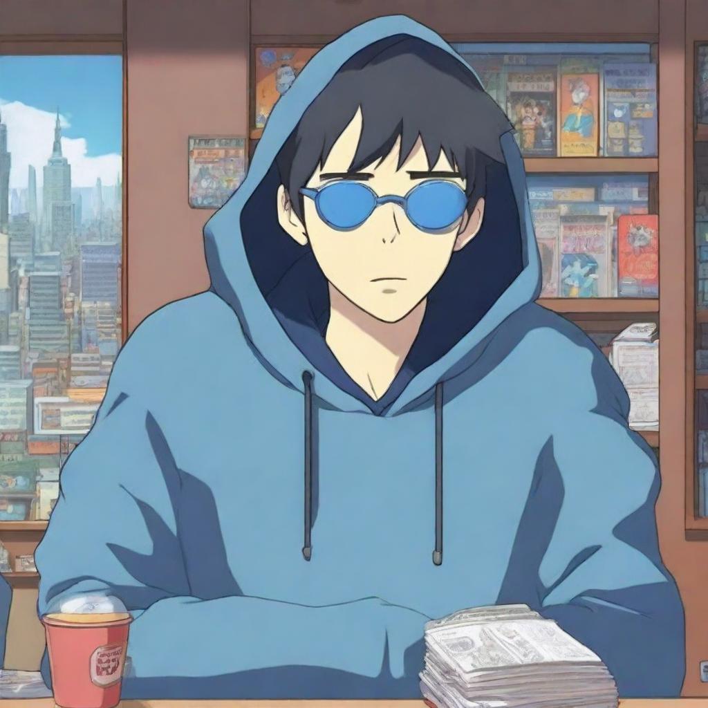 An anime-style male character in a blue hoodie and cool black sunglasses