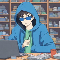 An anime-style male character in a blue hoodie and cool black sunglasses