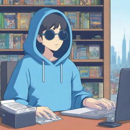 An anime-style male character in a blue hoodie and cool black sunglasses