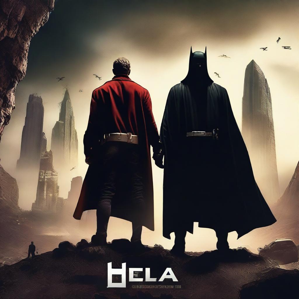 Create a visually striking movie poster featuring a dramatic scene with a hero and a villain