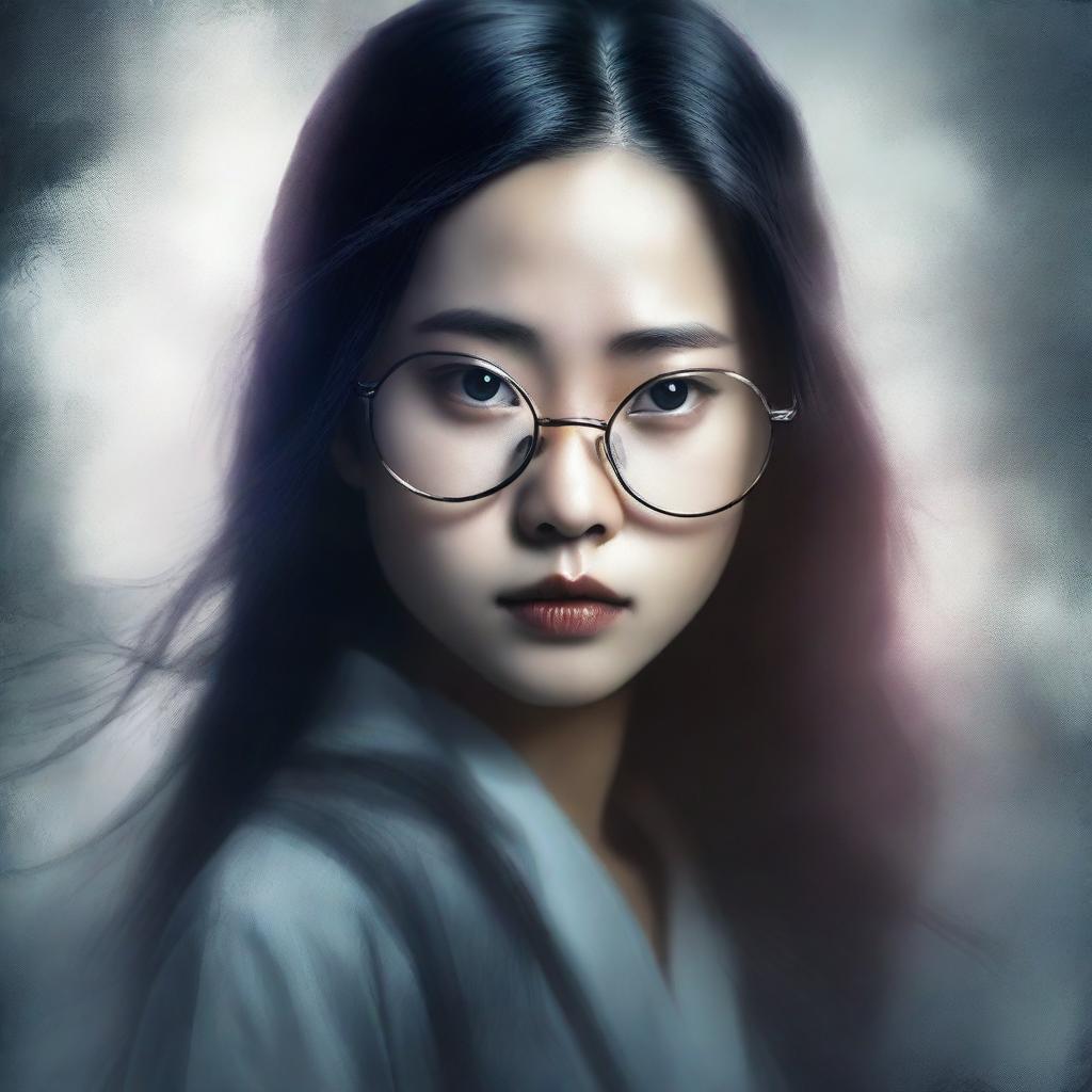 Create a book cover featuring an eerie young Asian woman with long hair and glasses