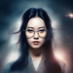 Create a book cover featuring an eerie young Asian woman with long hair and glasses