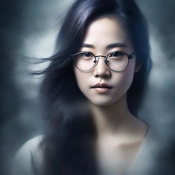 Create a book cover featuring an eerie young Asian woman with long hair and glasses