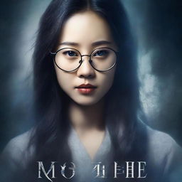 Create a book cover featuring an eerie young Asian woman with long hair and glasses