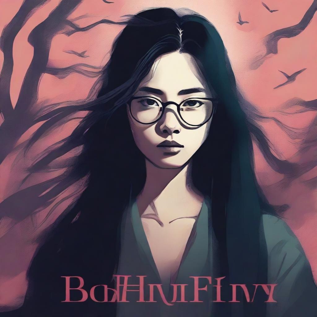 An eerie illustrated book cover featuring a young Asian woman with glasses and long hair