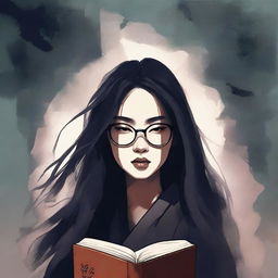 An eerie illustrated book cover featuring a young Asian woman with glasses and long hair