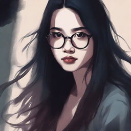 An eerie illustrated book cover featuring a young Asian woman with glasses and long hair