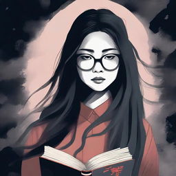 An eerie illustrated book cover featuring a young Asian woman with glasses and long hair