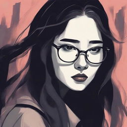 An eerie illustrated book cover featuring a young Asian woman with glasses and long hair