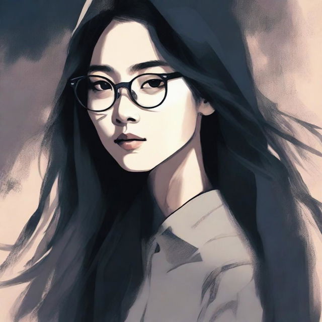 An eerie illustrated book cover featuring a young Asian woman with glasses and long hair