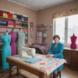 A cozy home-based tailor shop filled with colorful fabrics, a well-kept sewing machine, mannequins in stylish clothes, and a friendly tailor at work.