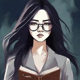 An eerie illustrated book cover featuring a young Asian woman with glasses and long hair