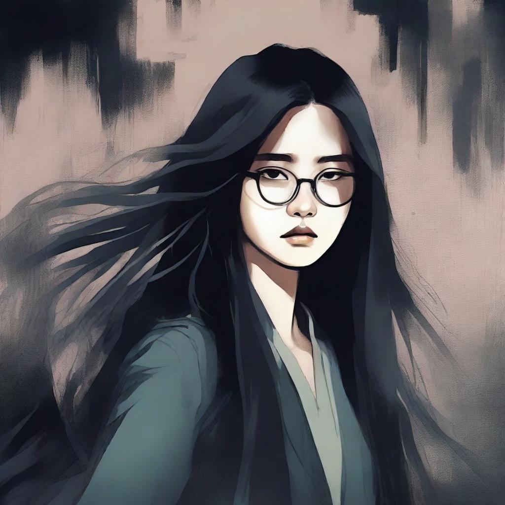 An eerie illustrated book cover featuring a young Asian woman with glasses and long hair