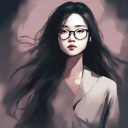 An eerie illustrated book cover featuring a young Asian woman with glasses and long hair