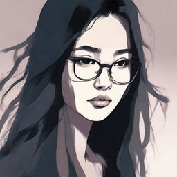 An eerie illustrated book cover featuring a young Asian woman with glasses and long hair