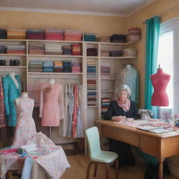 A cozy home-based tailor shop filled with colorful fabrics, a well-kept sewing machine, mannequins in stylish clothes, and a friendly tailor at work.