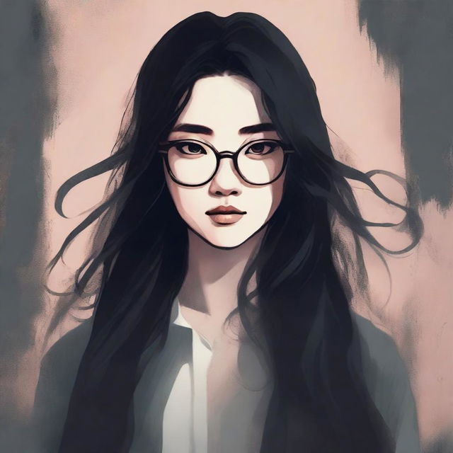 An eerie illustrated book cover featuring a young Asian woman with glasses and long hair