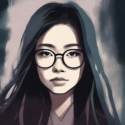 An eerie illustrated book cover featuring a young Asian woman with glasses and long hair