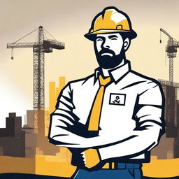 A confident roofer standing with arms crossed, overlooking a construction site in the background