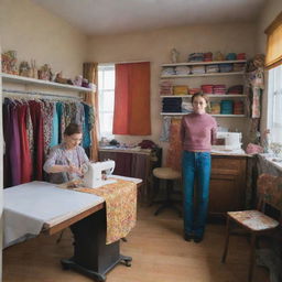 A cozy home-based tailor shop filled with colorful fabrics, a well-kept sewing machine, mannequins in stylish clothes, and a friendly tailor at work.