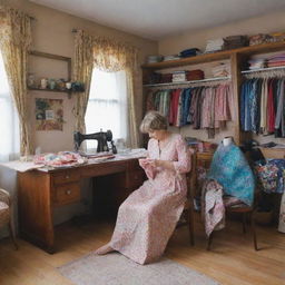 A cozy home-based tailor shop filled with colorful fabrics, a well-kept sewing machine, mannequins in stylish clothes, and a friendly tailor at work.