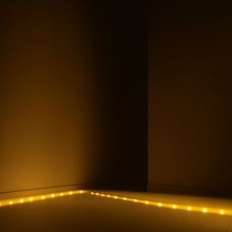 A room with a dark interior illuminated by warm yellow lights.