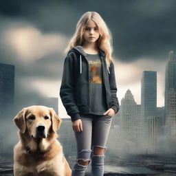 Create an apocalyptic book cover featuring a teenage girl and her golden retriever dog