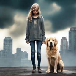 Create an apocalyptic book cover featuring a teenage girl and her golden retriever dog