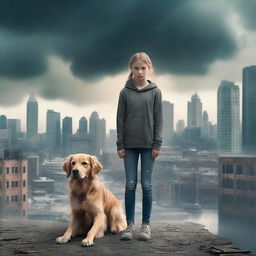 Create an apocalyptic book cover featuring a teenage girl and her golden retriever dog