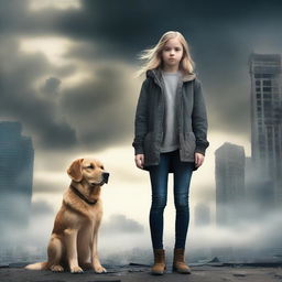 Create an apocalyptic book cover featuring a teenage girl and her golden retriever dog