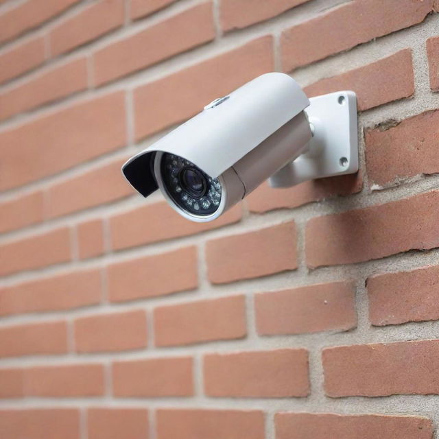 A high-tech CCTV camera installation scene - newly installed compact and sleek camera on a brick wall with clarity highlighting the precision and professional workmanship.