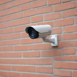 A high-tech CCTV camera installation scene - newly installed compact and sleek camera on a brick wall with clarity highlighting the precision and professional workmanship.