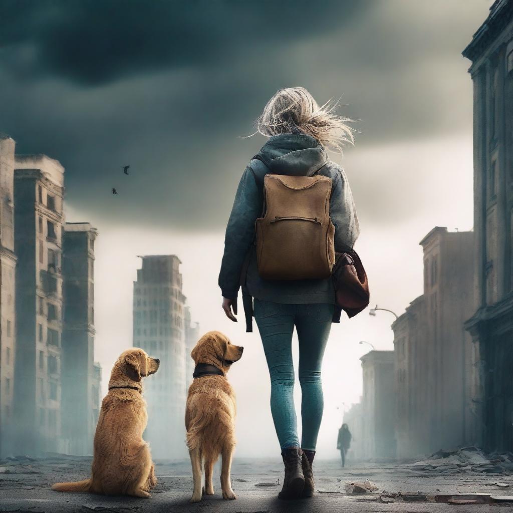 Create an apocalyptic book cover featuring a young woman and her golden retriever dog standing with their backs to the viewer