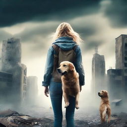 Create an apocalyptic book cover featuring a young woman and her golden retriever dog standing with their backs to the viewer