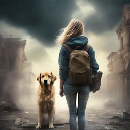 Create an apocalyptic book cover featuring a young woman and her golden retriever dog standing with their backs to the viewer