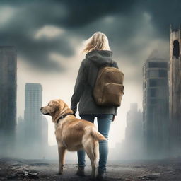 Create an apocalyptic book cover featuring a young woman and her golden retriever dog standing with their backs to the viewer