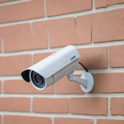 A high-tech CCTV camera installation scene - newly installed compact and sleek camera on a brick wall with clarity highlighting the precision and professional workmanship.