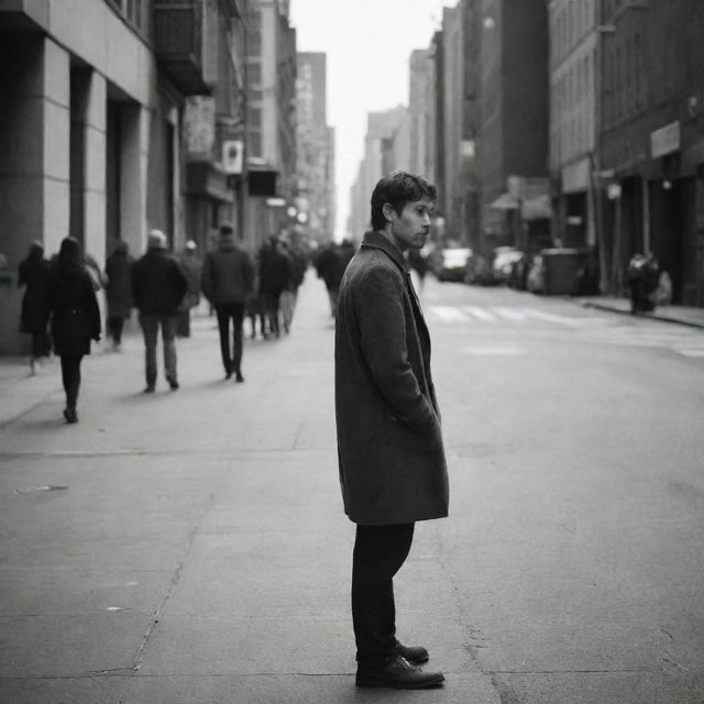 A lone, timid individual at the edge of a crowded city street, casting nervous glances at passing strangers.