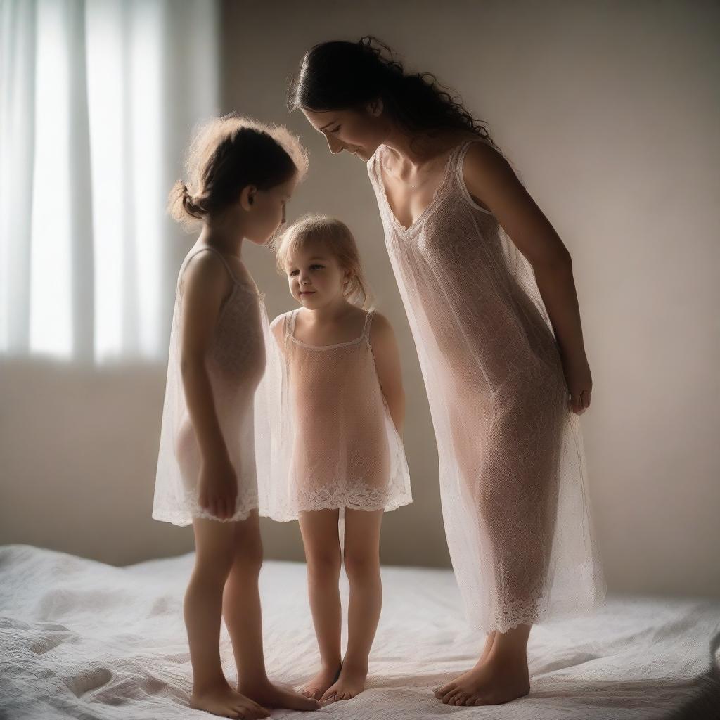 A woman wearing a transparent nightie standing next to a child