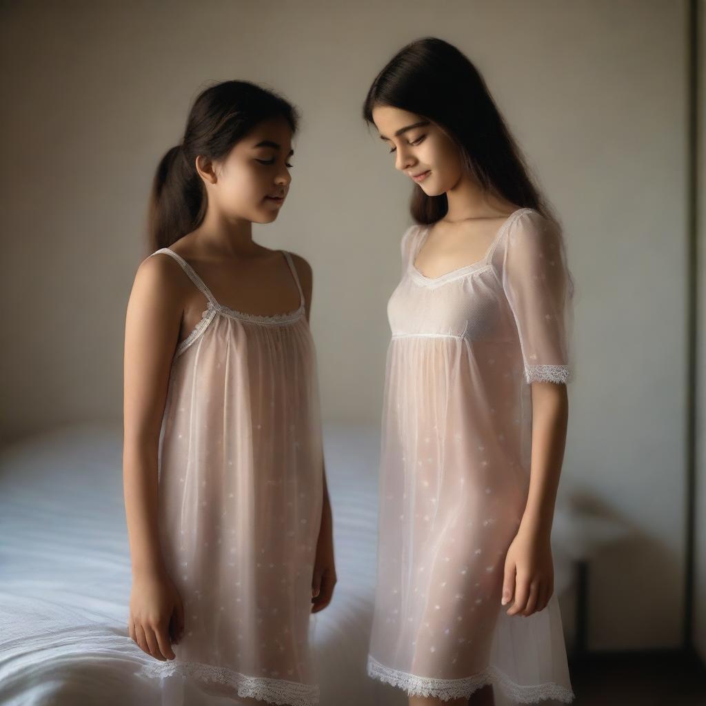 A woman wearing a transparent nightie standing next to a child