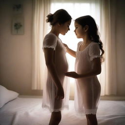 A woman wearing a transparent nightie standing next to a child