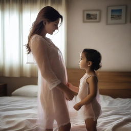 A woman wearing a transparent nightie standing next to a child