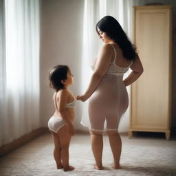 A woman with a voluptuous figure wearing a transparent nightie standing next to a cute child