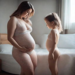 A woman with a voluptuous figure wearing a transparent nightie standing next to a cute child