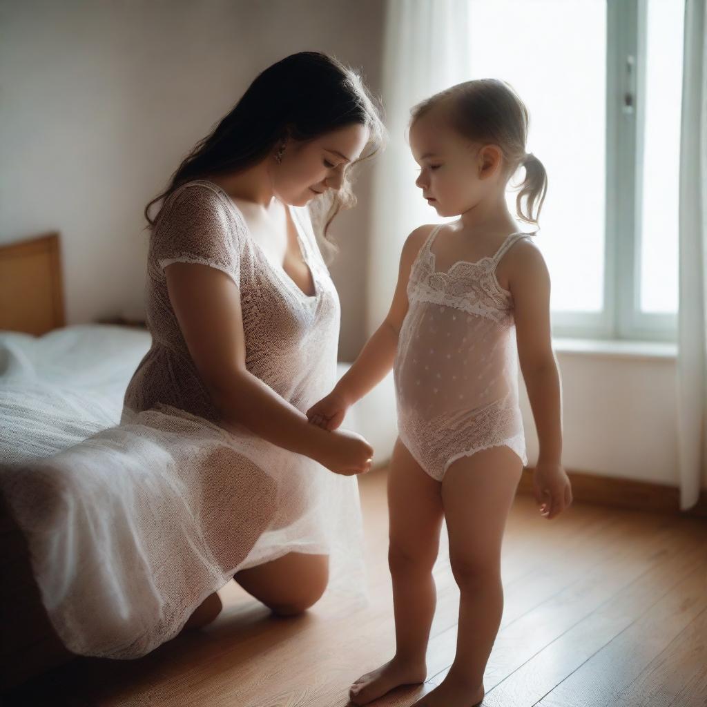 A woman with a voluptuous figure wearing a transparent nightie standing next to a cute child