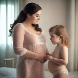 A woman with a voluptuous figure wearing a transparent nightie standing next to a cute child