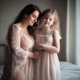 A woman with a voluptuous figure wearing a transparent nightie standing next to a cute child